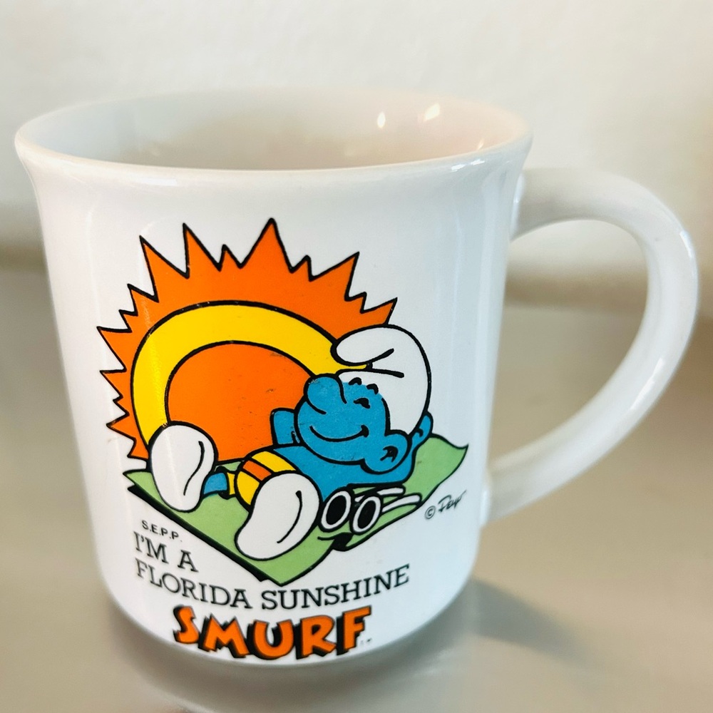 I'm a Florida Sunshine Smurf Ceramic Mug Smurf Travels America 1982 Vintage 8 oz